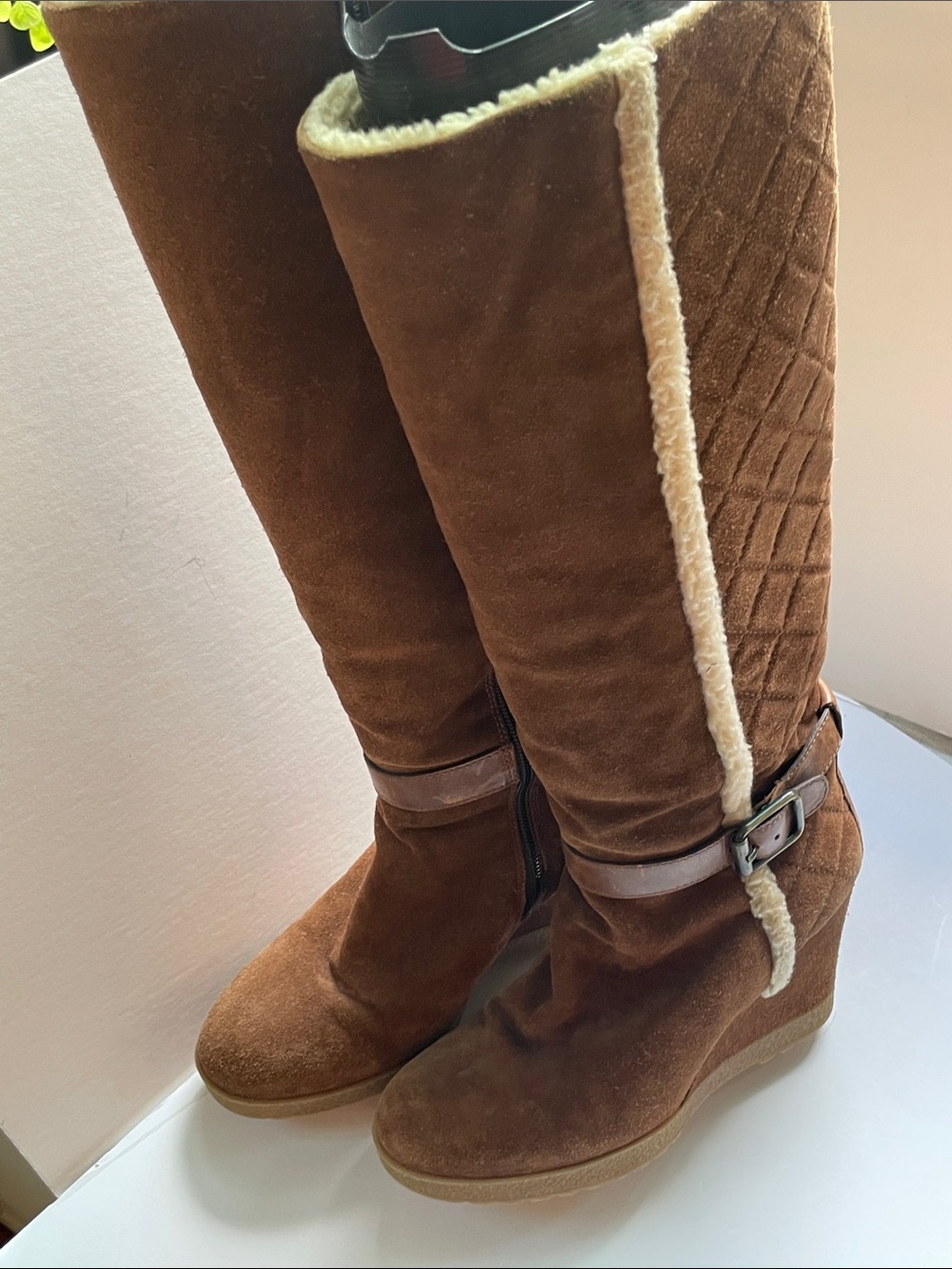 Aquatalia Brown Suede Knee Boots with Shearling Trim